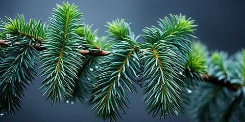 Sticker - A Close-Up of Delicate Evergreen Branches Glistens with Morning Dew, Capturing the Tranquility of a Misty Forest