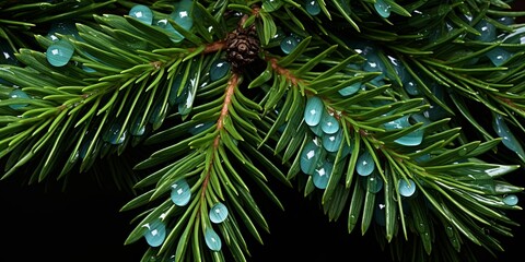 Sticker - A Close-Up View of Evergreen Needles Glistens with Dew Drops, Emphasizing the Natural Beauty of Coniferous Plants in a Dark Forest Setting