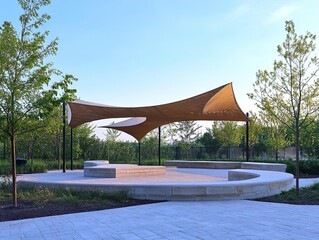 Canvas Print - Modern Outdoor Structure with Curved Benches and Canopy