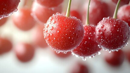 Poster - Closeup of wet,ripe and fresh red cherries with water droplets on their stems,growing in a natural garden or orchard setting. Concept of healthy,organic and seasonal fruit harvest.