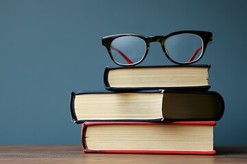 A stack of three hardback books with a pair of glasses on top, against a blue background.