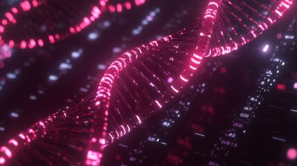 Poster - A vibrant, abstract visualization of DNA strands illuminated in pink, showcasing intricate details in a digital space.