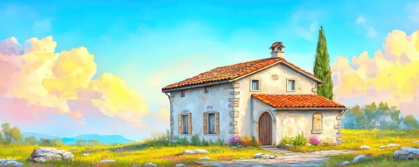 Italian countryside villa with terracotta roof and weathered stone facade, Vintage, Digital painting, Warm earthy palette, Golden hour lighting