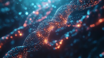 Poster - A vibrant, abstract representation of a DNA helix, showcasing glowing lines and particles against a blurred, colorful background.