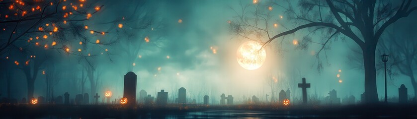 A haunting graveyard scene illuminated by glowing jack-o'-lanterns under a full moon, shrouded in misty darkness, Ideal for Halloween-themed promotions, spooky events, or eerie storytelling visuals,