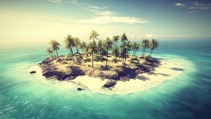 An island getaway at a tropical beach in summer. Seaside landscape, nature vacation on an oceanside or seashore. Cartoon illustration.