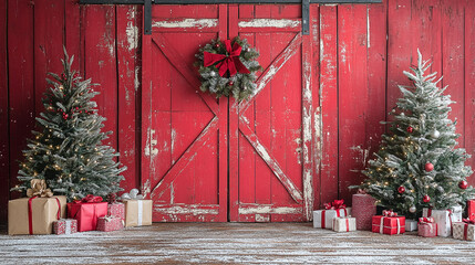 Red vintage rustic barn door, backdrop for photography, christmas trees with gifts and christmas decor