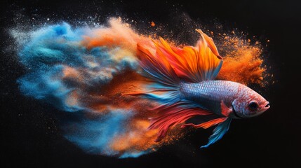Poster - A vibrant, artistic depiction of a fish swimming through colorful splashes of powder, creating a dynamic and captivating visual effect against a dark background.