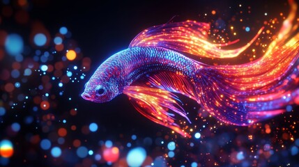 Poster - A vibrant, glowing fish swims gracefully through a sea of colorful bubbles, showcasing intricate details and a mesmerizing light display.