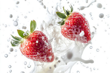 Wall Mural - A pair of strawberries caught mid-air with milk swirling and splashing around them, droplets frozen in time, creating a vibrant and fresh look against a bright white background.