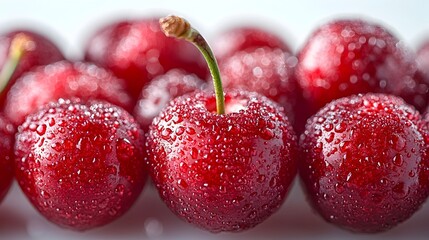 Poster - Closeup shot of fresh,ripe,and juicy red cherries with glistening water droplets covering the shiny,textured surface. The cherries are plump,round,and vibrant.