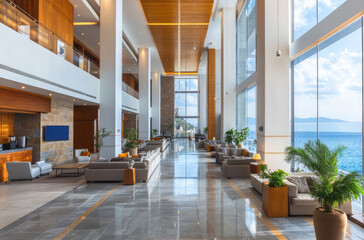 Wall Mural - modern hotel lobby with large balcony, wooden walls and ceiling with white details, light gray tiles on the floor, modern furniture in beige tones