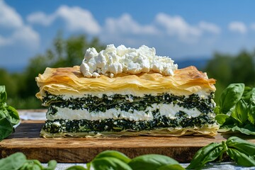 Spinach and Feta Phyllo Pastry on a Wooden Cutting Board with Fresh Basil Leaves and a Blurred Background of Blue Sky and Green Trees.