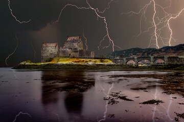 Iconic Eilean Donan Castle struck by lightning at night, tourist and cultural attraction, Kintail National Scenic Area, Scotland, United Kingdom