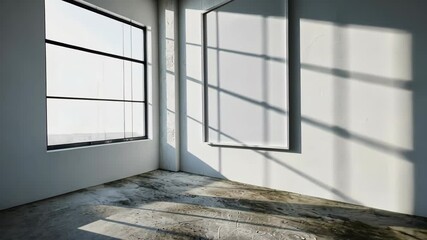 Wall Mural - sunlight streams through a large window in an empty room, casting long shadows on the concrete floor
