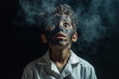 © wolfhound911 - Brazilian boy scientist with soot on his face, standing in front of a black backdrop, his expression one of amazement and curiosity.