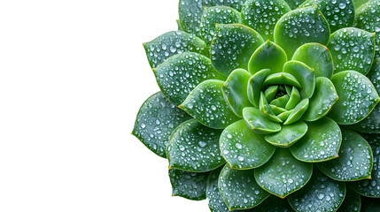 Fototapete - Close-up view of a lush,green succulent plant with water droplets glistening on its vibrant,textured leaves. The succulent's natural patterns and rosette structure create a calming.