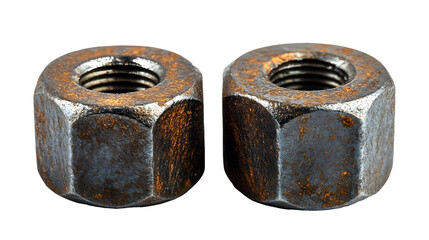 Poster - Close-up view of a pair of worn,rusty metal nuts resting on a textured,industrial-style surface. The nuts appear to be part of a hardware or construction-related item,showcasing the rough.