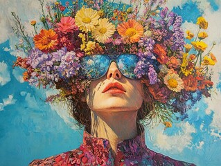 Wall Mural - Woman with Floral Crown and Sky Reflected Sunglasses