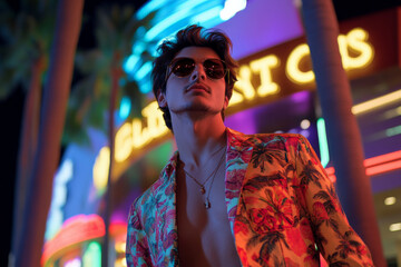 A young adult Brazilian man stands confidently in front of a glamorous casino, neon lights reflecting off his stylish outfit. The lively atmosphere of nightlife, palm trees, and modern architecture