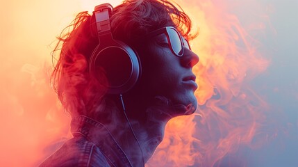 Sticker - Person with headphones and sunglasses surrounded by colorful smoke