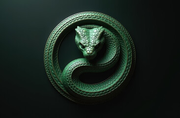 A vibrant green snake is intricately wrapped around a wornout tire that sits on a striking dark background