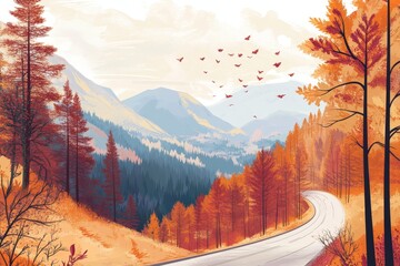 This modern illustration depicts a beautiful autumn forest landscape in autumn season.