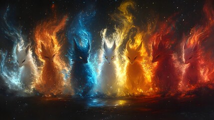 Aufkleber - Cosmic Inferno:Fiery Explosion of Celestial Energy in Vibrant Surreal Landscape - Dramatic abstract digital depicting a powerful,dynamic energy force erupting in a cosmic.