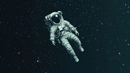 astronaut floating in deep space, black backdrop, stars twinkling, conveying wonder and adventure.