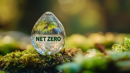 a transparent drop of water with the word net zero, moss and a blurred forest background, copy and t