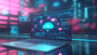 © wolfhound911 - A futuristic laptop with a virtual touch screen interface, showing data being downloaded from cloud storage, holographic icons floating above the screen. Blue digital lines symbolize data transfer in