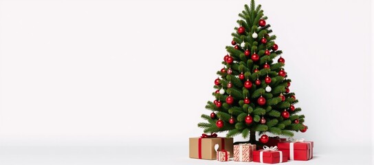 Christmas tree adorned with red decorations and gifts against a white holiday background