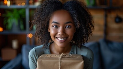 Wall Mural - Smiling woman holding a wrapped gift in a cozy room