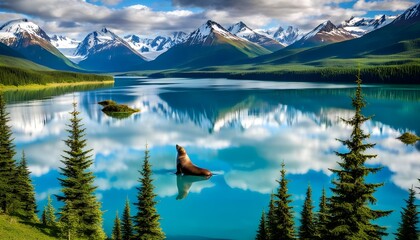 Sticker - playful stellar sea lions basking on rocky shores of Alaska