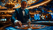 © wolfhound911 - A middle aged Hispanic male croupier exudes confidence as he spins the roulette wheel in a grand casino decorated with blue and gold hues, creating a refined ambiance.