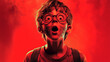 © wolfhound911 - A Caucasian boy scientist with soot on his face, wearing lab glasses and standing in front of a bright red background, looking amazed.