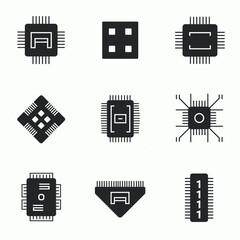 Wall Mural - a collection of nine different microchip icons in black on a white background, representing various 