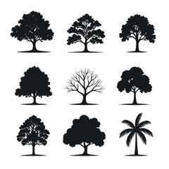 Wall Mural - vector illustration featuring nine different tree silhouettes ranging from leafy to bare branches.