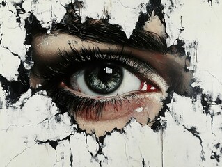 Canvas Print - Intense Gaze Through Cracked Wall: A Close-Up Oil Painting