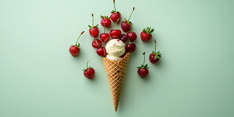 A waffle cone filled with vanilla ice cream is surrounded by cherries and strawberries on a mint green background.