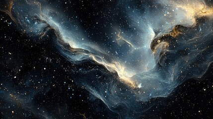 space nebula background. the lighting is dramatic and hints of silver, gold, and blue shimmer in the
