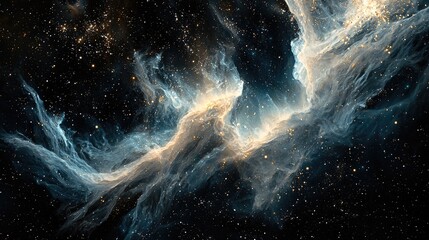 space nebula background. the lighting is dramatic and hints of silver, gold, and blue shimmer in the