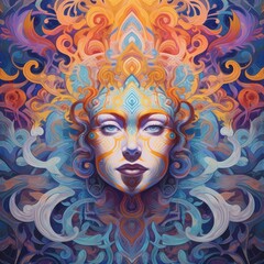  Intricate illustration of a serene, stylized face with vibrant patterns.