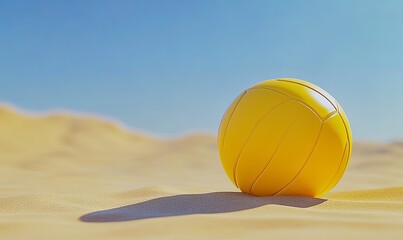 A yellow volleyball rests on a sandy beach with blue sky in the background.