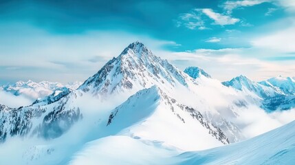 Wall Mural - Breathtaking view of a majestic snow-capped mountain range under a clear blue sky. The serene landscape offers a perfect escape into nature's beauty.