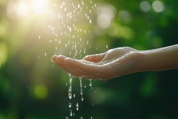 Water pouring on hand in morning ligth background