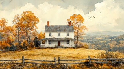 Poster - Autumn Farmhouse on a Hillside