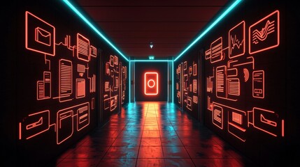 Wall Mural - a hallway filled with office-related icons like folders, computers, and charts, all leading towards 