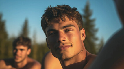 an attractive young man looking at the camera with his friends in the background at a summer camp