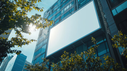 A blank billboard on side of modern office building surrounded by greenery and sunlight. This image captures serene urban scene perfect for advertising or promotional content